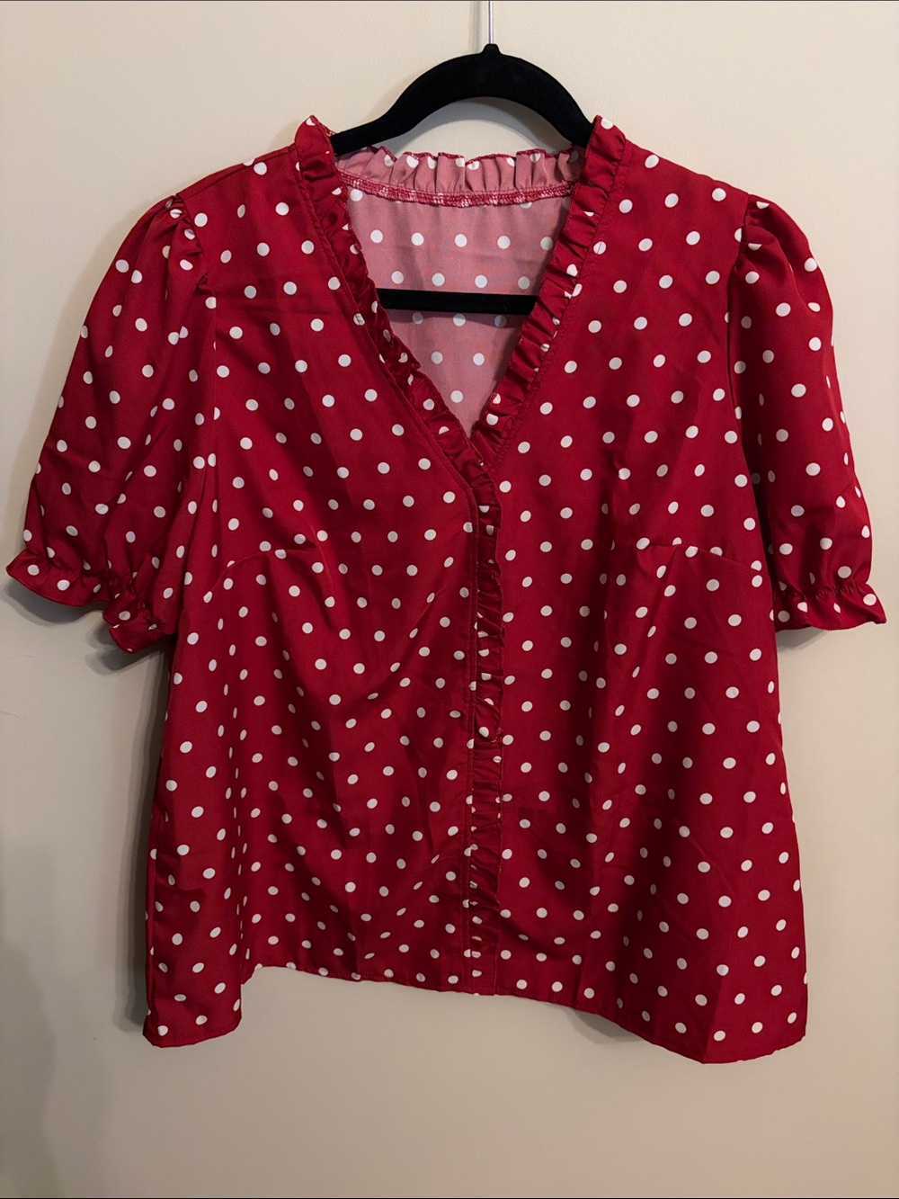 SHEIN Red Polka Dot Ruffle V-Neck Button-Front Blouse